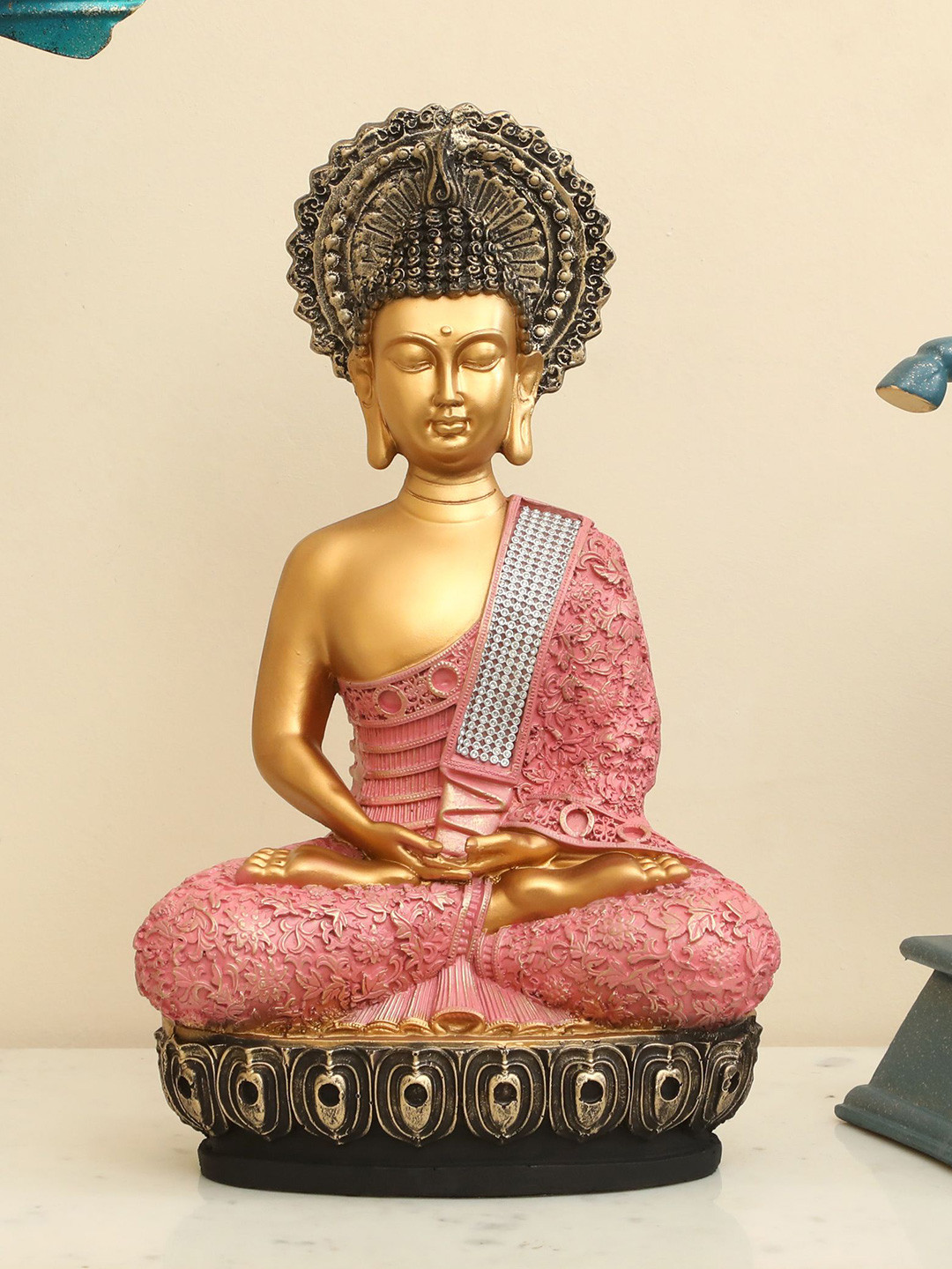vedas S-Akira Gold-Toned & Pink Meditation Buddha Showpiece