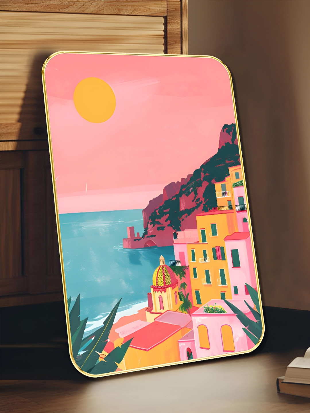 SAF Pink & Orange Positano Coastal Wooden Wall Art