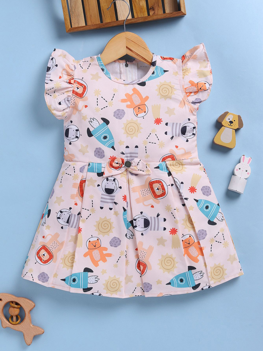 Toonyport Girls Conversational Printed Flutter Sleeve Cotton Fit & Flare Dress