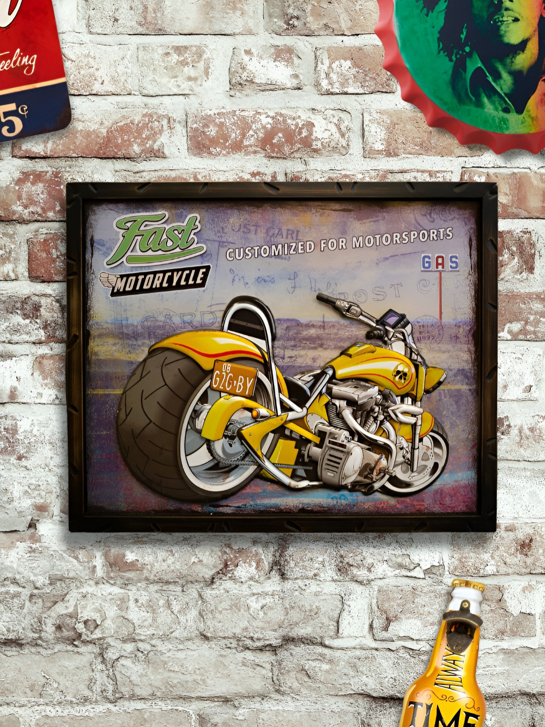 eazy wagon Brown & Yellow Motorcycle Chopper Retro Wall Art