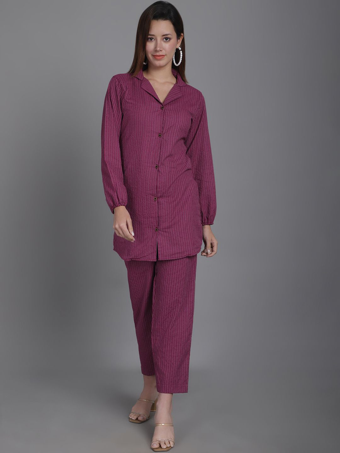 CORSICA Striped Cotton Collared Neck Long Sleeve Shirt With Trouser Co-Ords