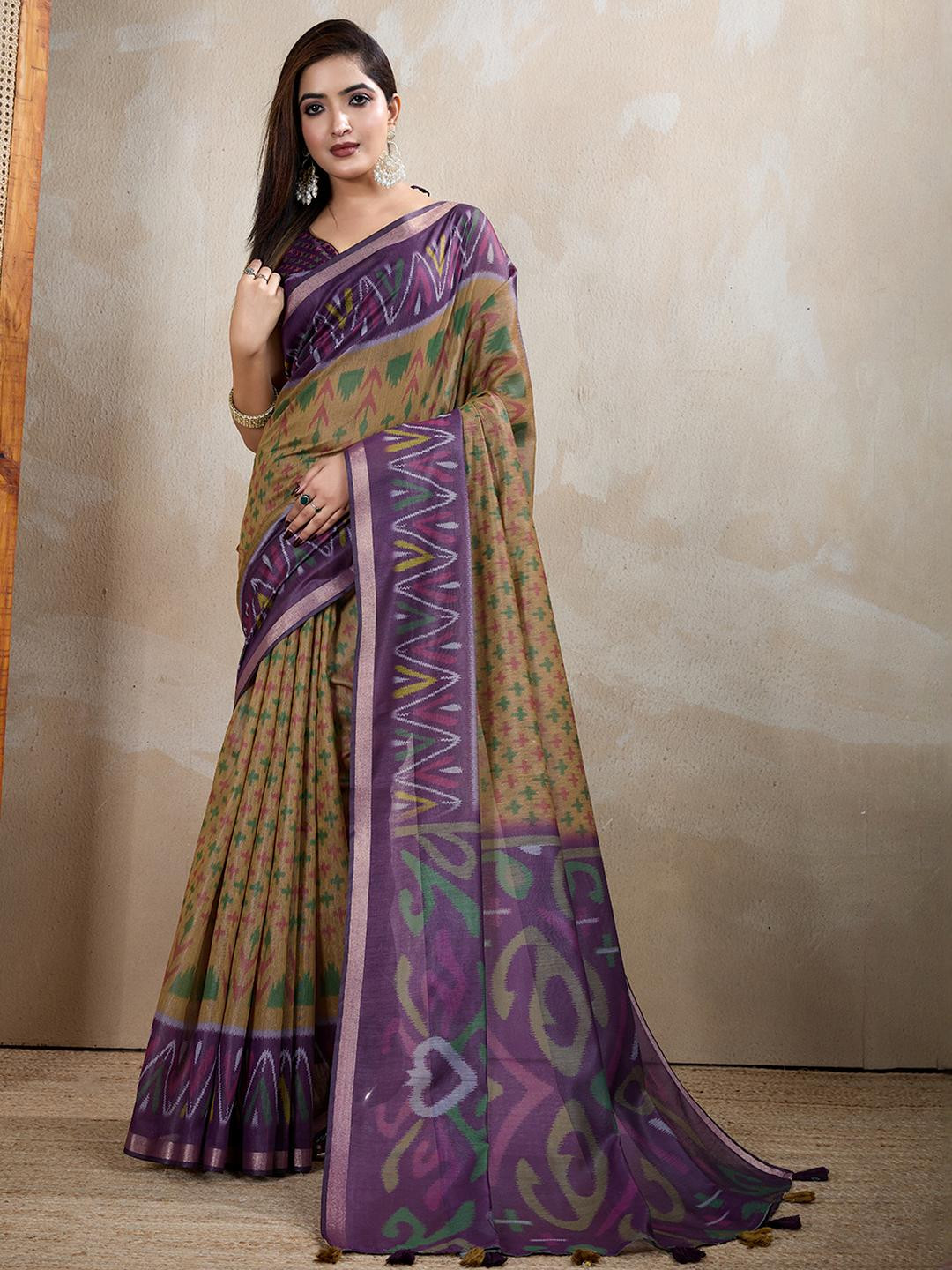 JYA Women Olive Wine Floral Printed Tissue Silk Saree With Blouse Piece