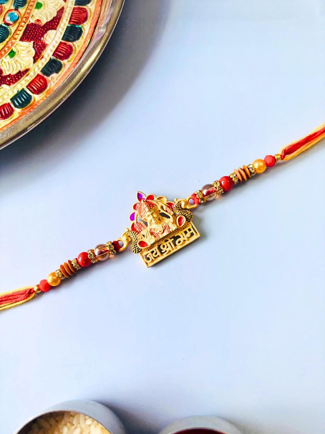 Jai Shri Ram Rakhi Orange Yellow Kundan Meenakari Rakhi Traditional Handmade Rakhi for Brother