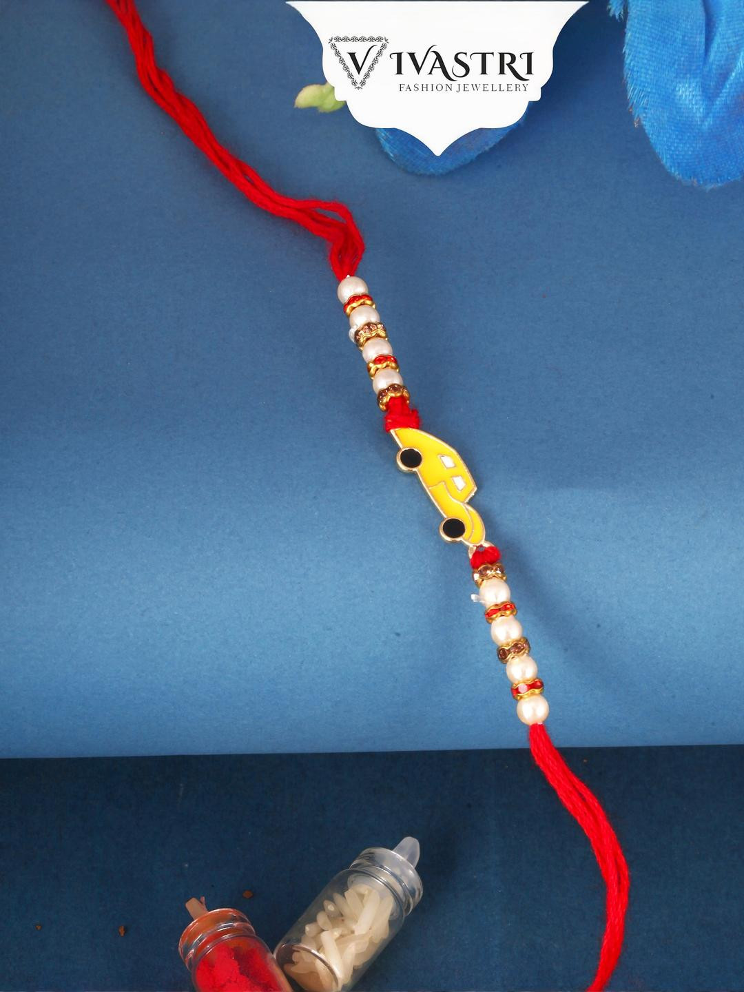 Vivastri Yellow Car Gold and Rhodium Plated Alloy Rakhi for Lovely Brother [VIVA1162RKG-YELLOW]