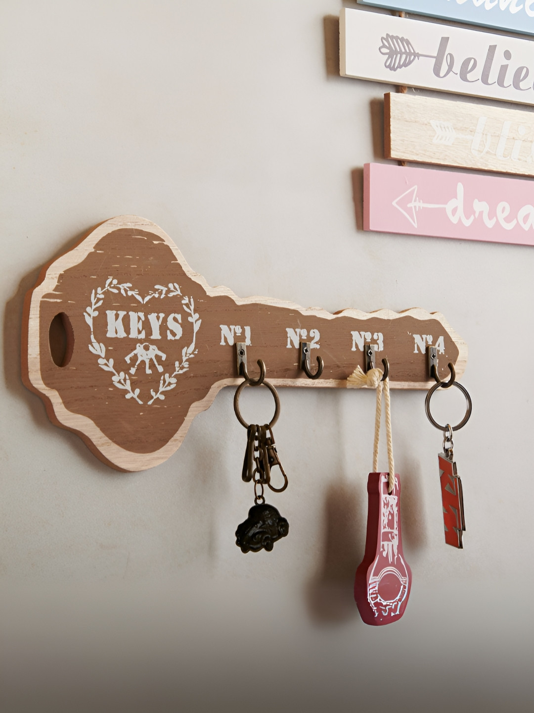 eazy wagon Brown & White Wooden Key Shape Wall Key Holders