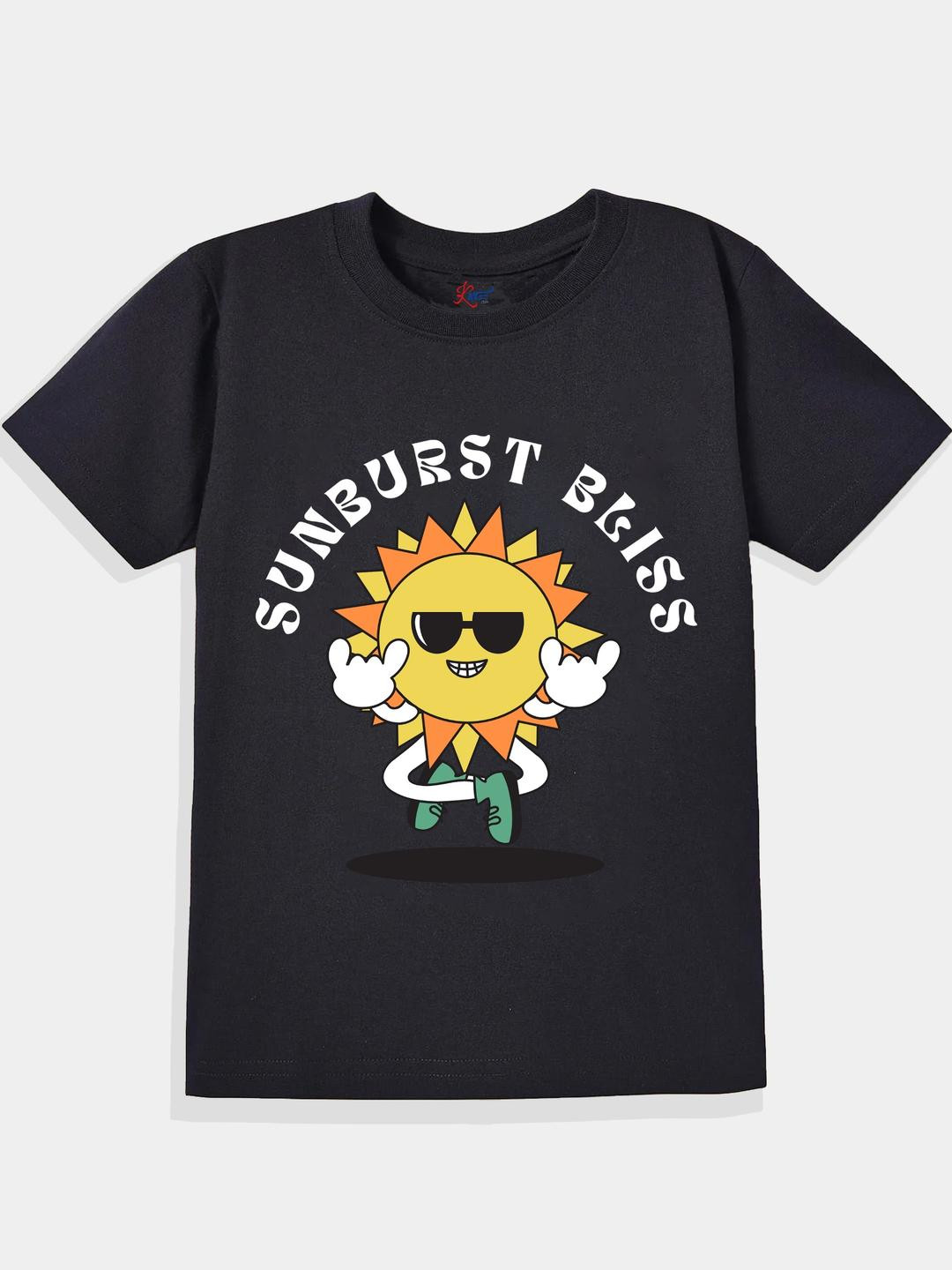 KAVEE Pure Cotton Half Sleeves Sunburst Bliss Text Printed Bio Washed Tee - Black