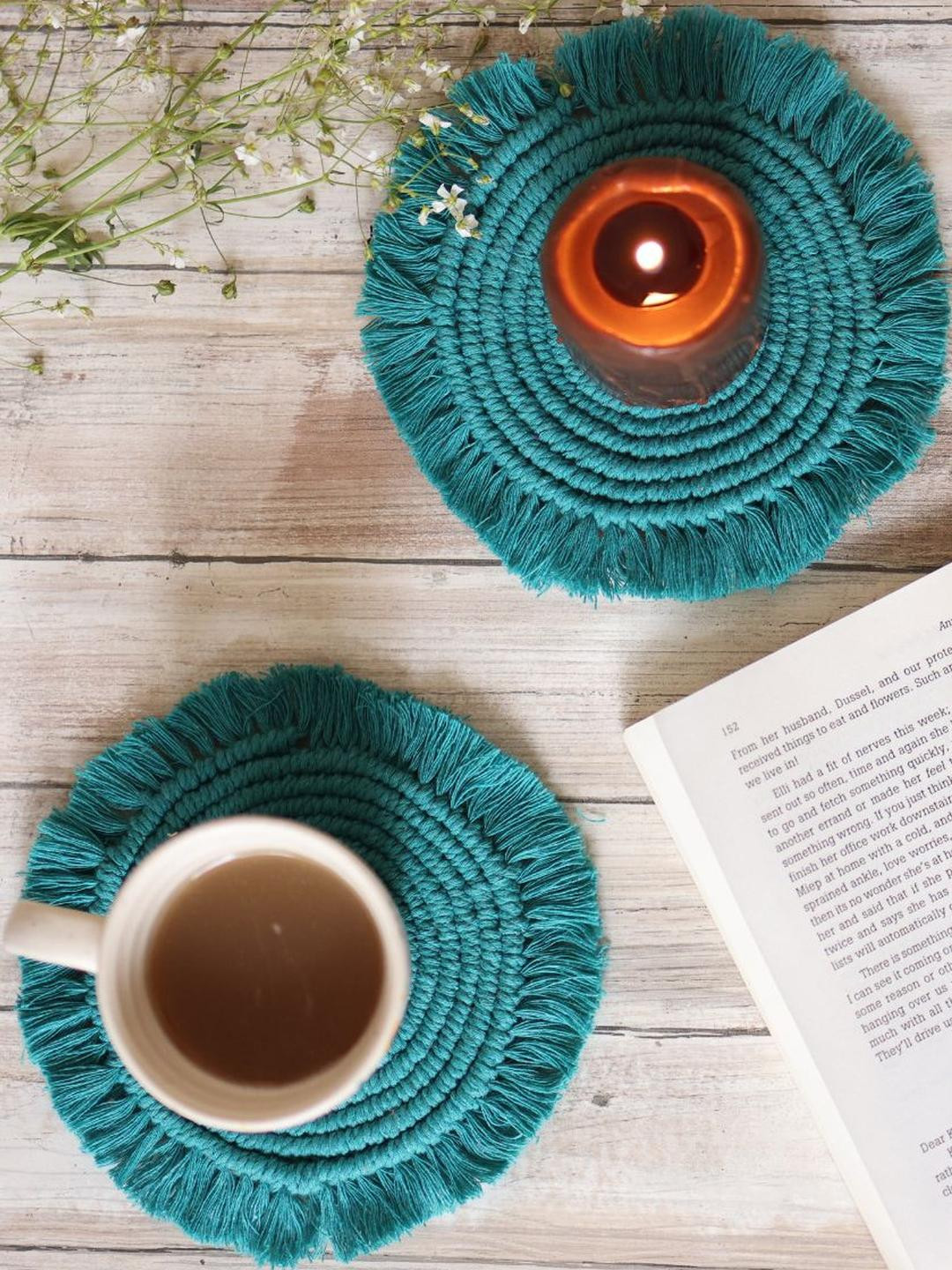 Sarmaya - The Handcraftes Tales Set of 2 Teal Macrame Table Coasters