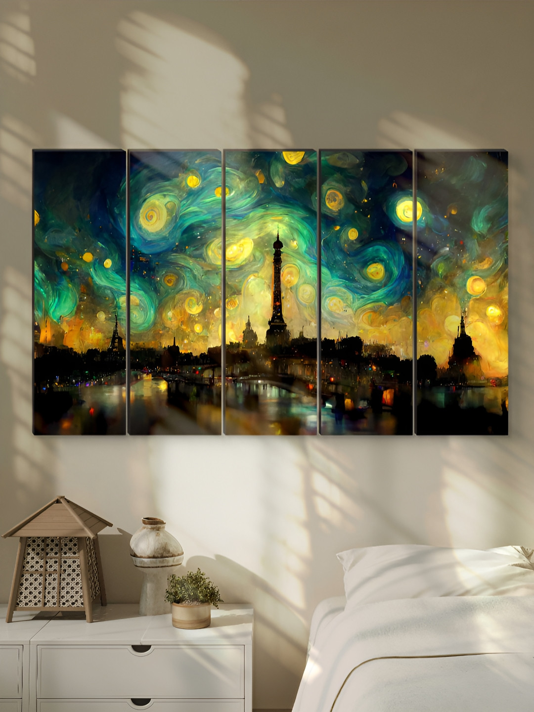 Myntra Elegant Homes Black & Yellow 5 Pieces Paris Skyline MDF Wooden Wall Art