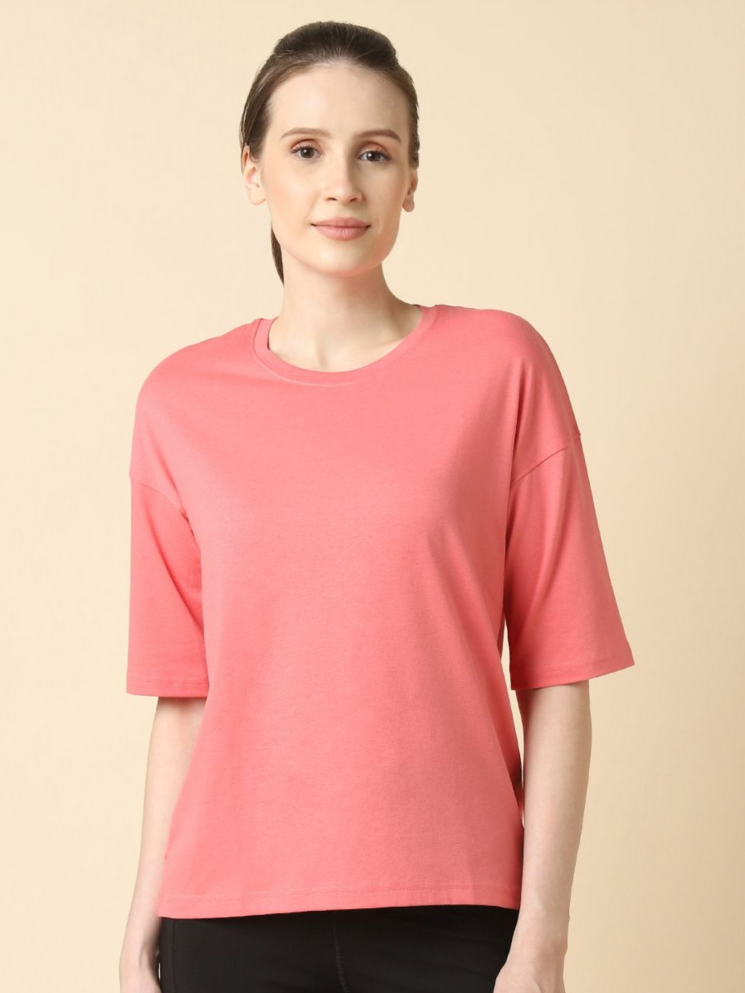 Van Heusen Women Solid Round Neck Cotton Relaxed Fit T-shirt