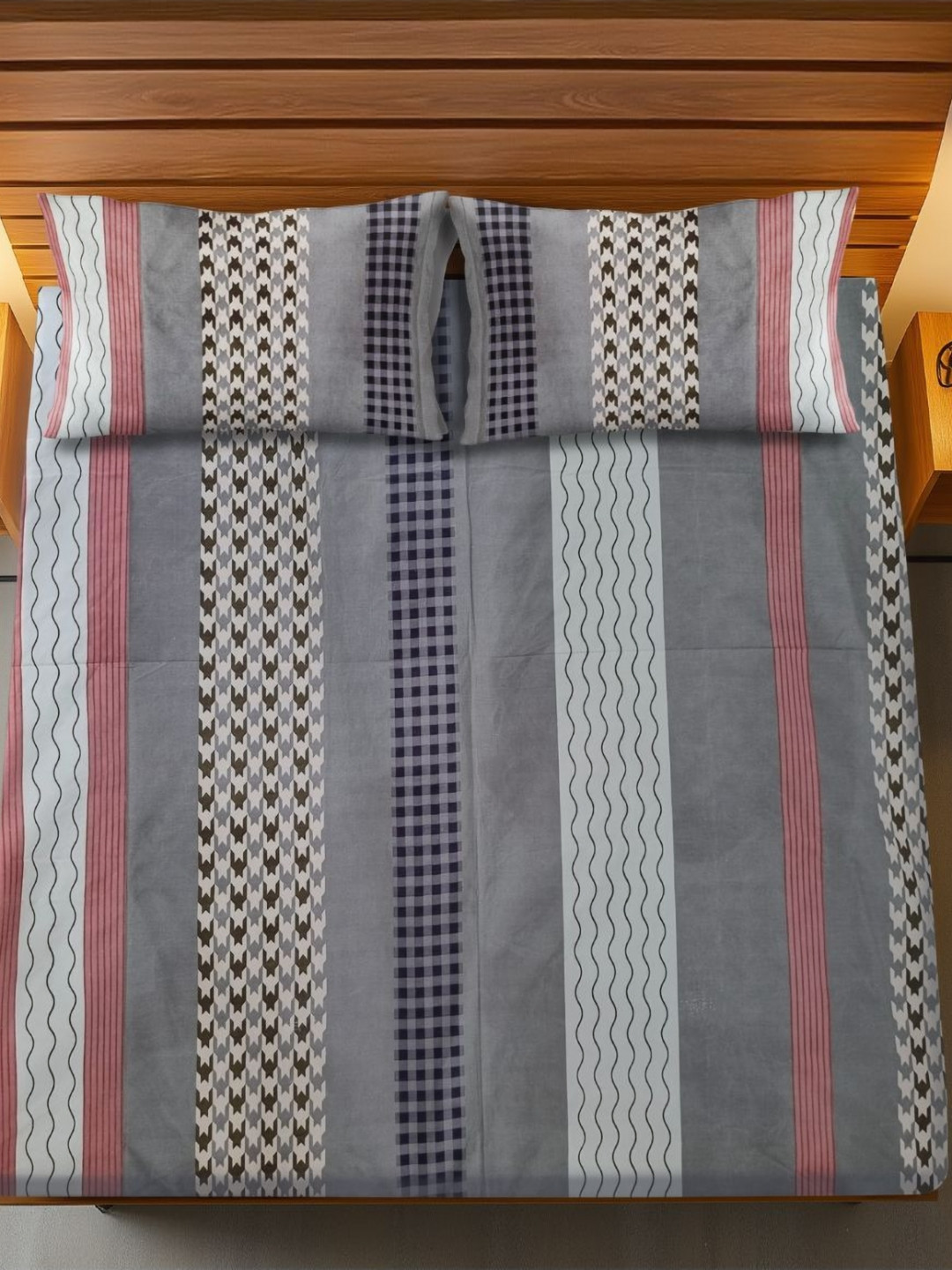 HARYANA HOOPS Grey & Red Striped 220 TC Queen Bedsheet Set 2.50m x 2.25m