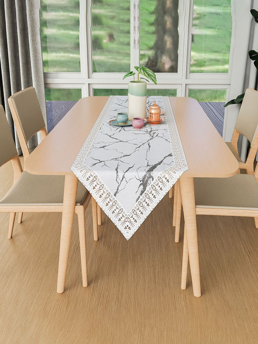 Aura Grey & White Marble Printed Table Runner