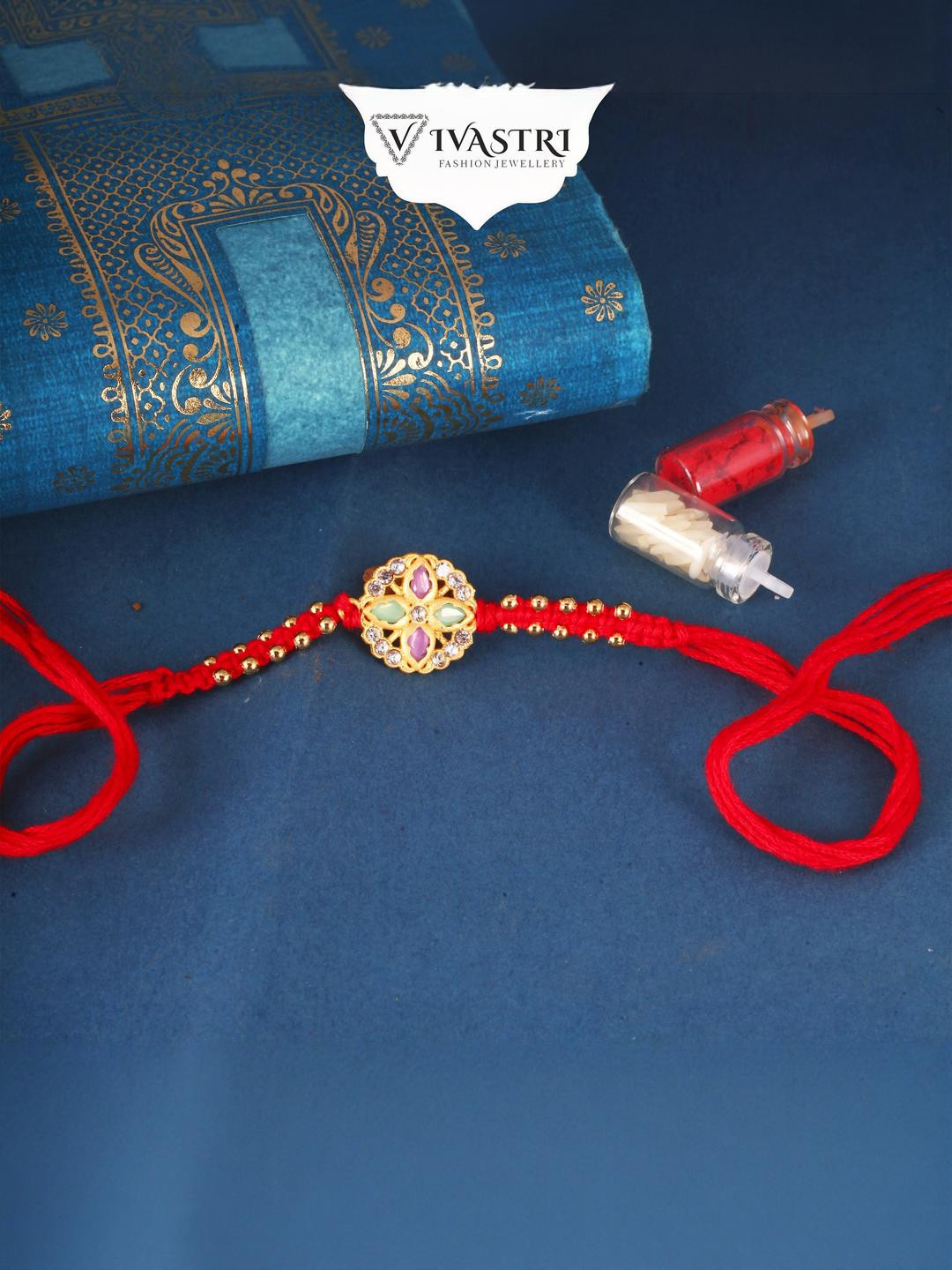 VIVASTRI CZ Stone Flower Gold & Rhodium Plated Alloy Rakhi