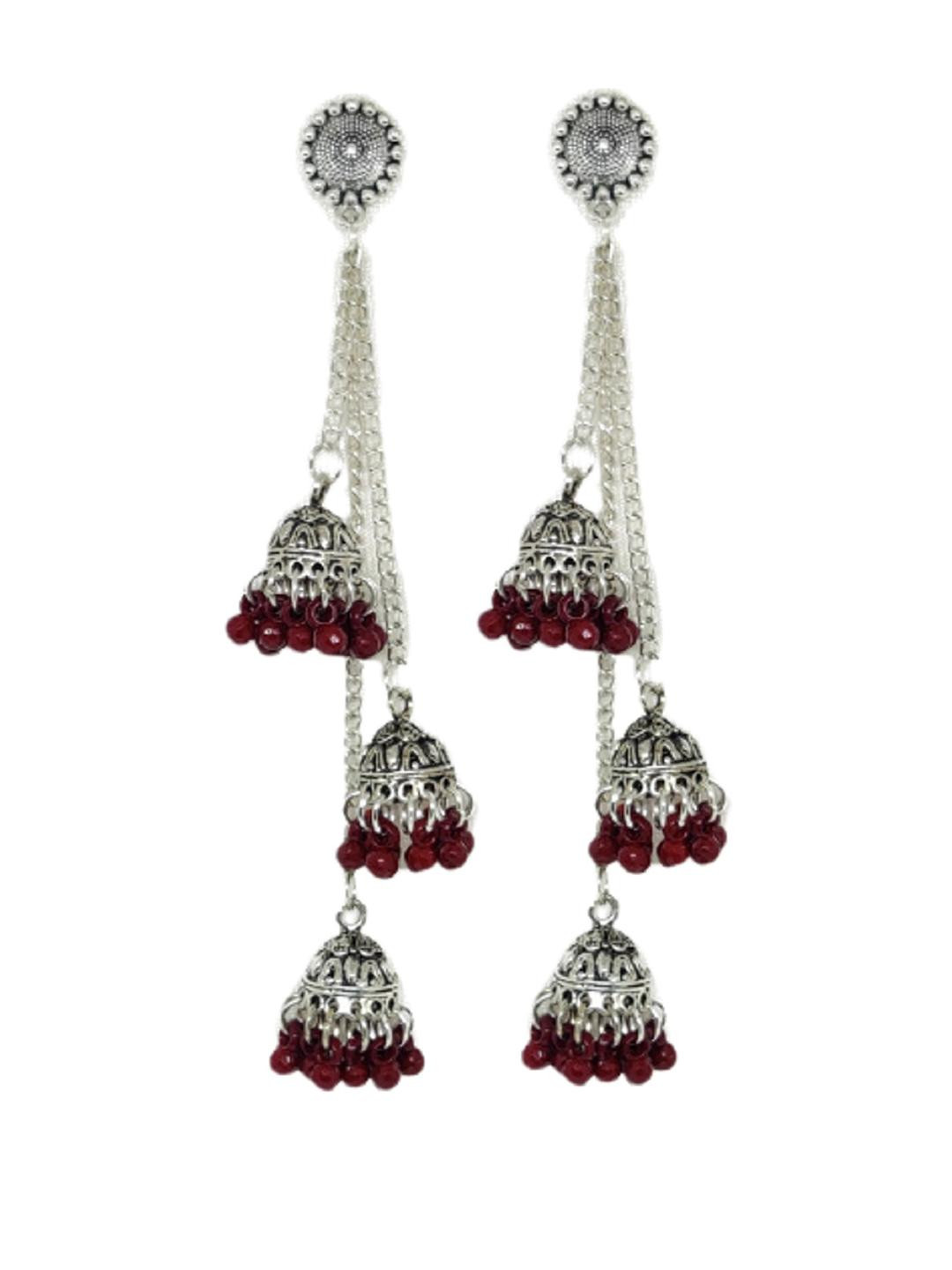 Weariton Maroon Silver Long Jhumkas Earrings
