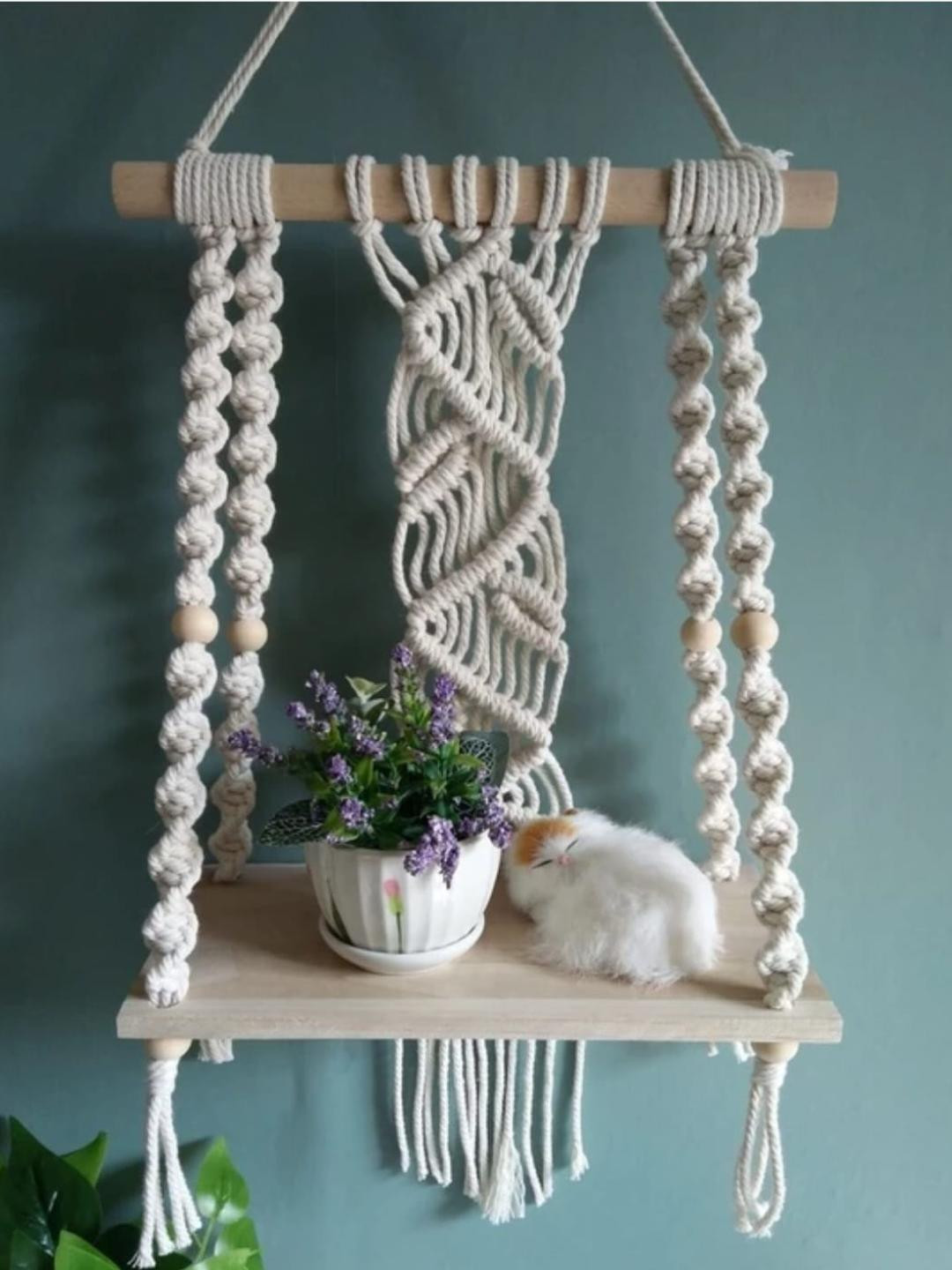 Aain Macreame wall hanging shelf Wood Hall Tapestries & Macrame-11.8In
