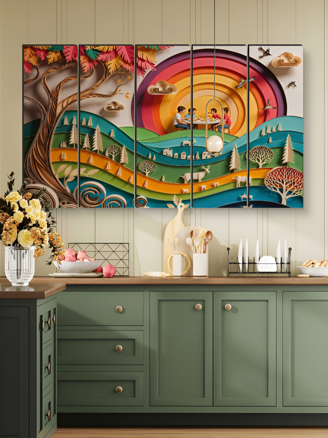 Myntra Elegant Homes Yellow & Blue 5 Pieces Rainbow Sunset Wooden Wall Arts