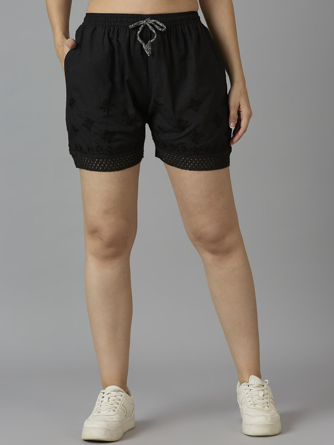 Indiankala4u Women Hand Embroidered Chikankari Cotton Shorts with Crochet Hem