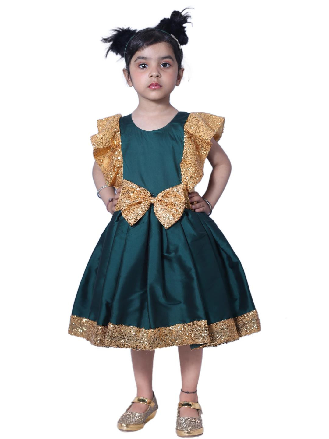 Shahina Fashion Green Polyester Knee Length With Sequins & Bow Frock