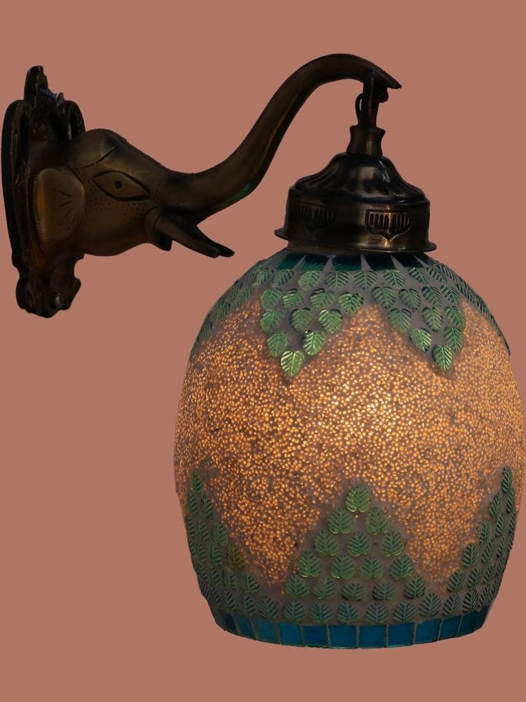 SOMIL Blue & White Printed Elephant Wall Mounted Cylinder Shaped Glass Wall Lamp