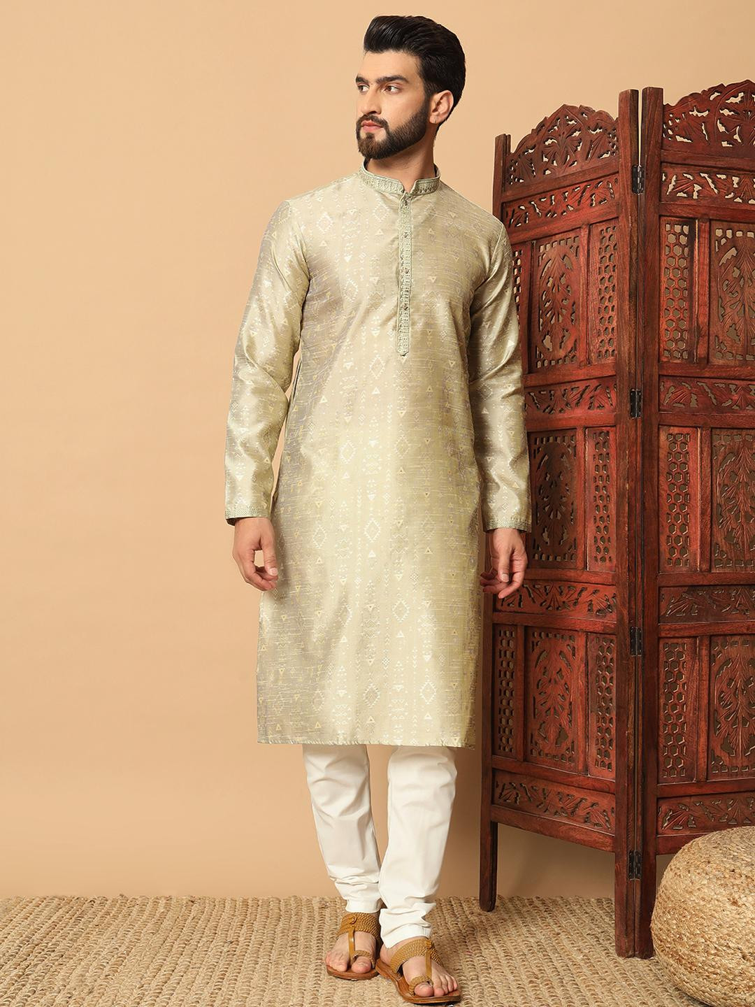 Men's Pale Gold Woven Pattern Kurta with Embroidered Collar