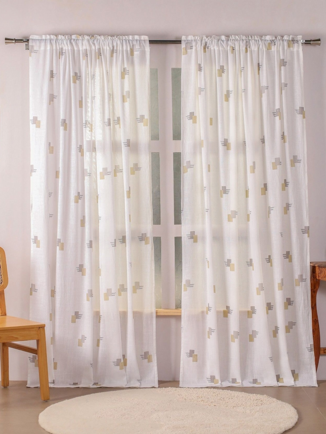 HOMEMONDE Silver-Toned & Mustard 2 Pieces Printed Cotton Sheer Long Door Curtains