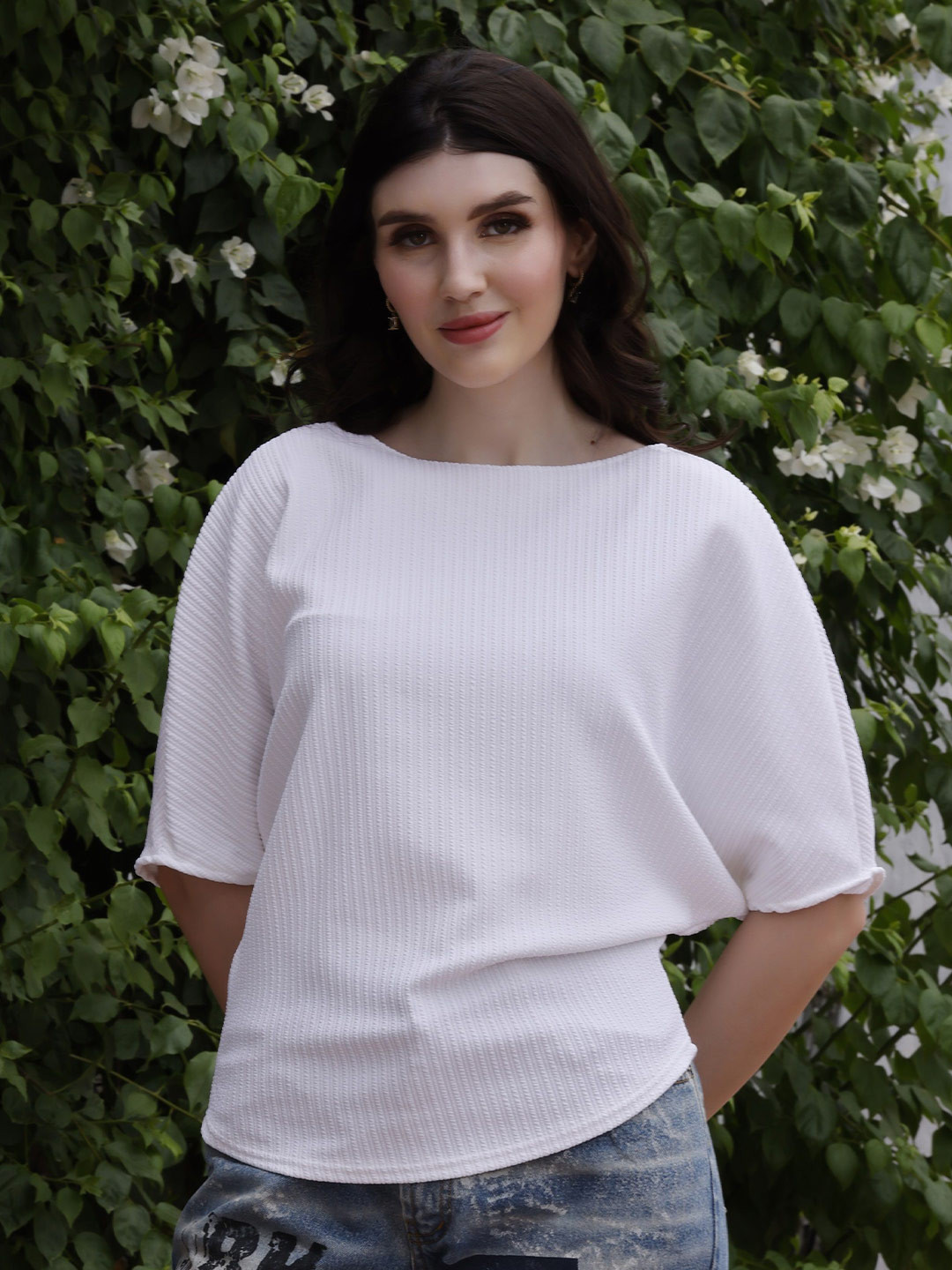 RAHI TRENDZ Women White Ribbed Batwing Sleeve Top