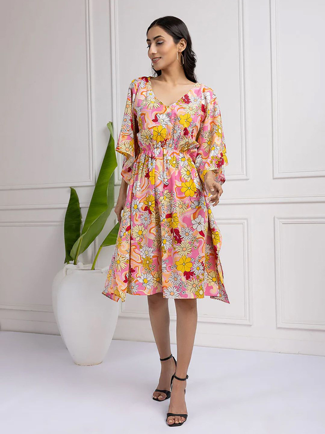House of Kaftan Women Floral Printed Kimono Sleeve Kaftan Dress