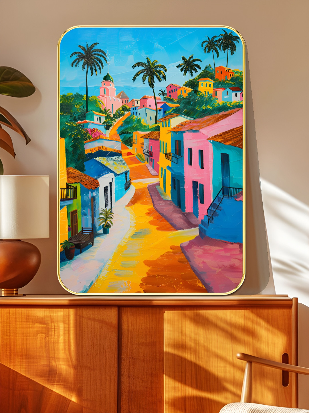 SAF Blue & Green Colorful Tropical Village MDF Wall Art