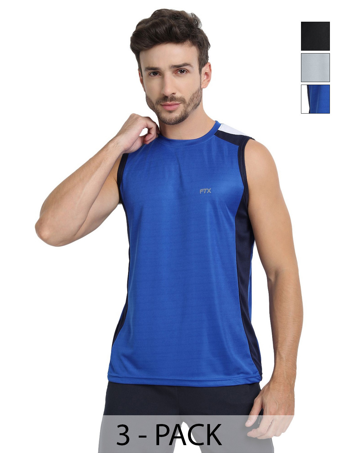 FTX Pack Of 3 Colourblocked Round Neck Sleevesless T-shirts