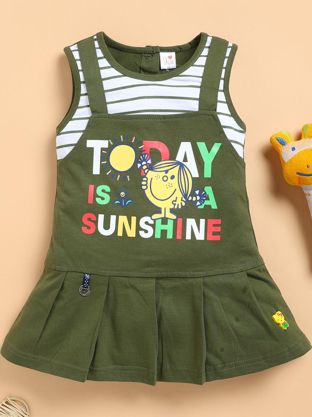 I LOVE MOM Girls Olive Dresses