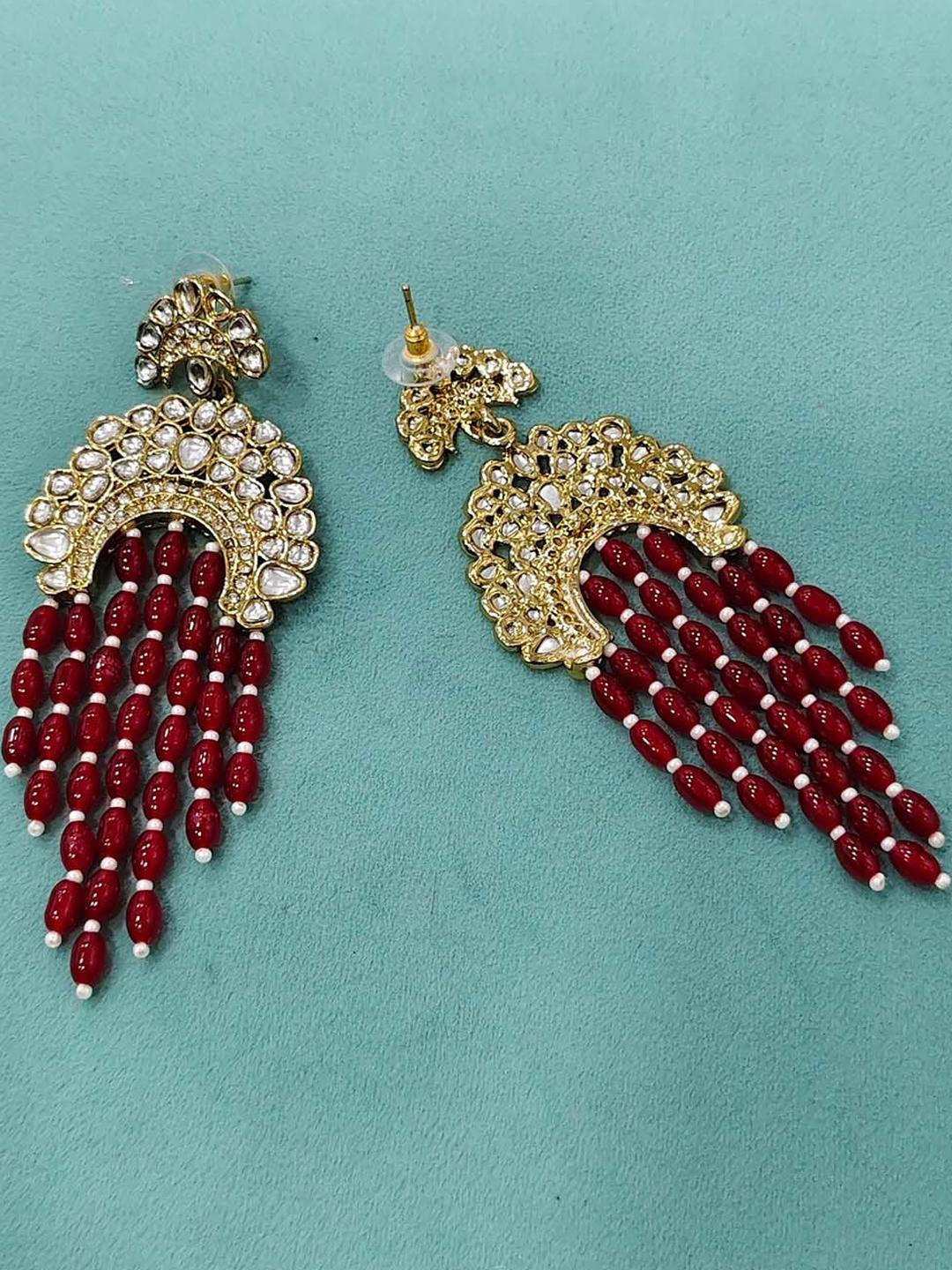 Rhymee Gold Plated Kundan Studded & Beaded Contemporary Drop Earrings