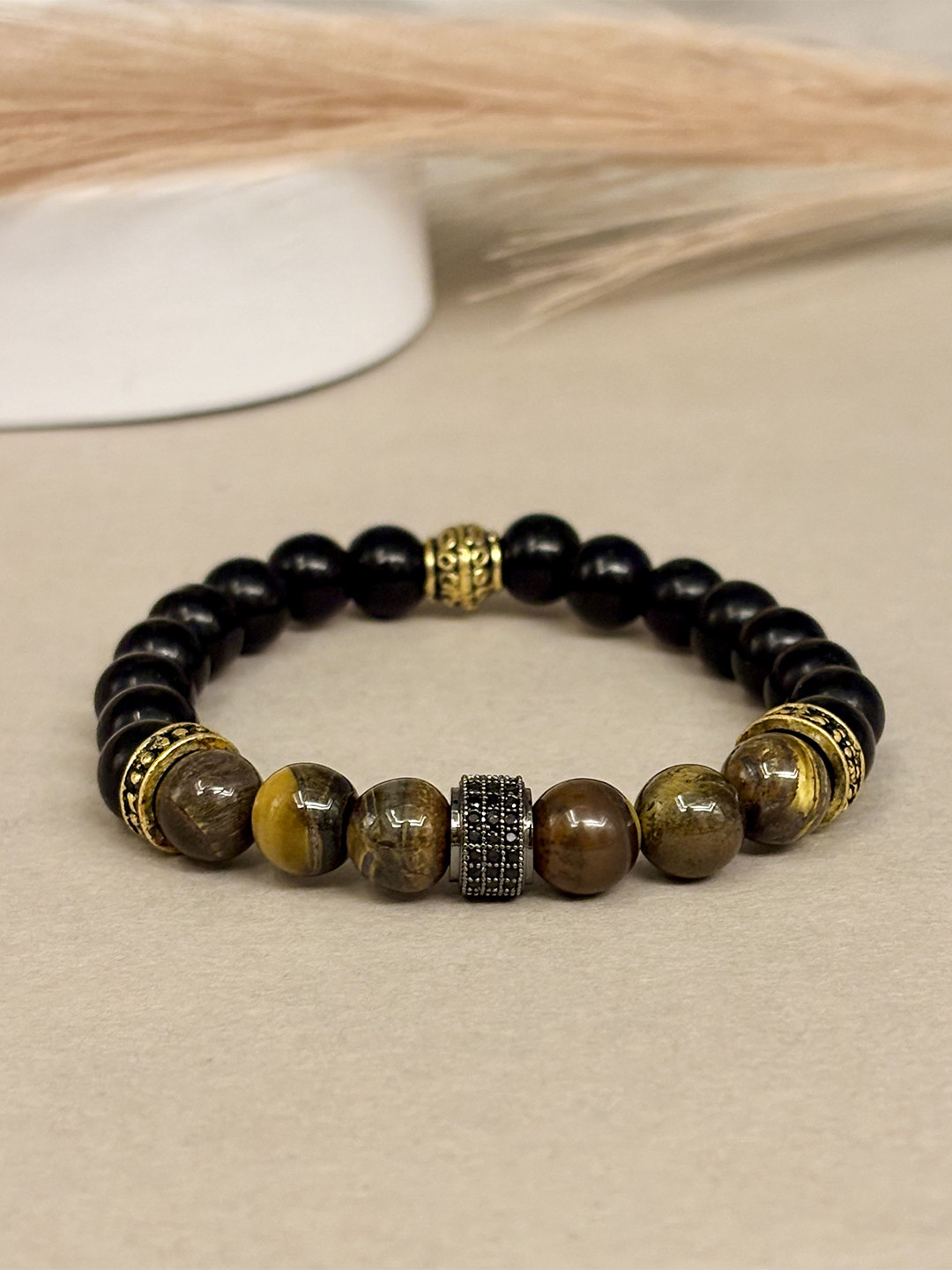 SANAA CREATIONS Unisex Crimson Stone Onyx & Sandstone Studded Elasticated Bracelet