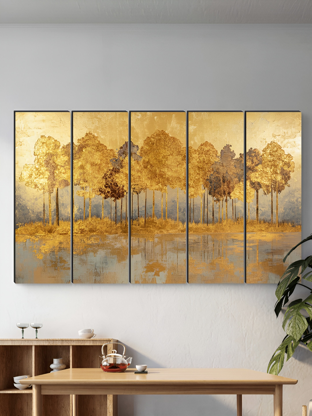 Myntra Elegant Homes Gold-Toned & Grey 5 Pieces Golden Forest Wooden Wall Arts
