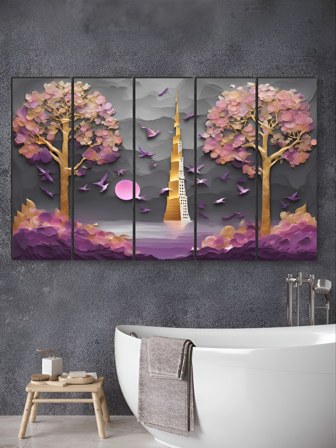 Myntra Elegant Homes Grey & Purple 5 Pieces Tower Fantasy MDF Wooden Wall Art