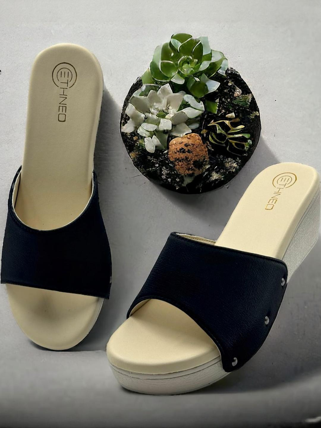 ETHNEO High-Top Black Wedge Heels