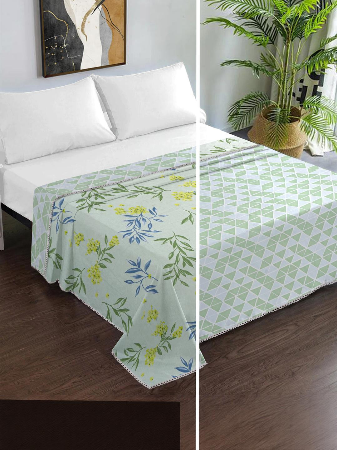 KLOTTHE Green & Yellow Floral 150 GSM Double Bed Dohar