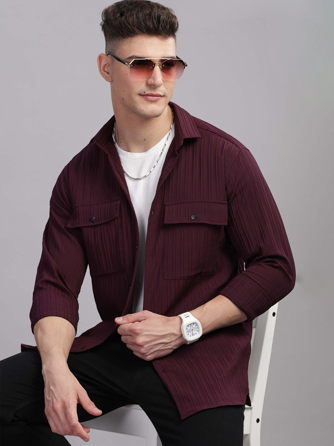 7TH LEGION Men Smart Fit Textured Spread Collar Casual Shirt