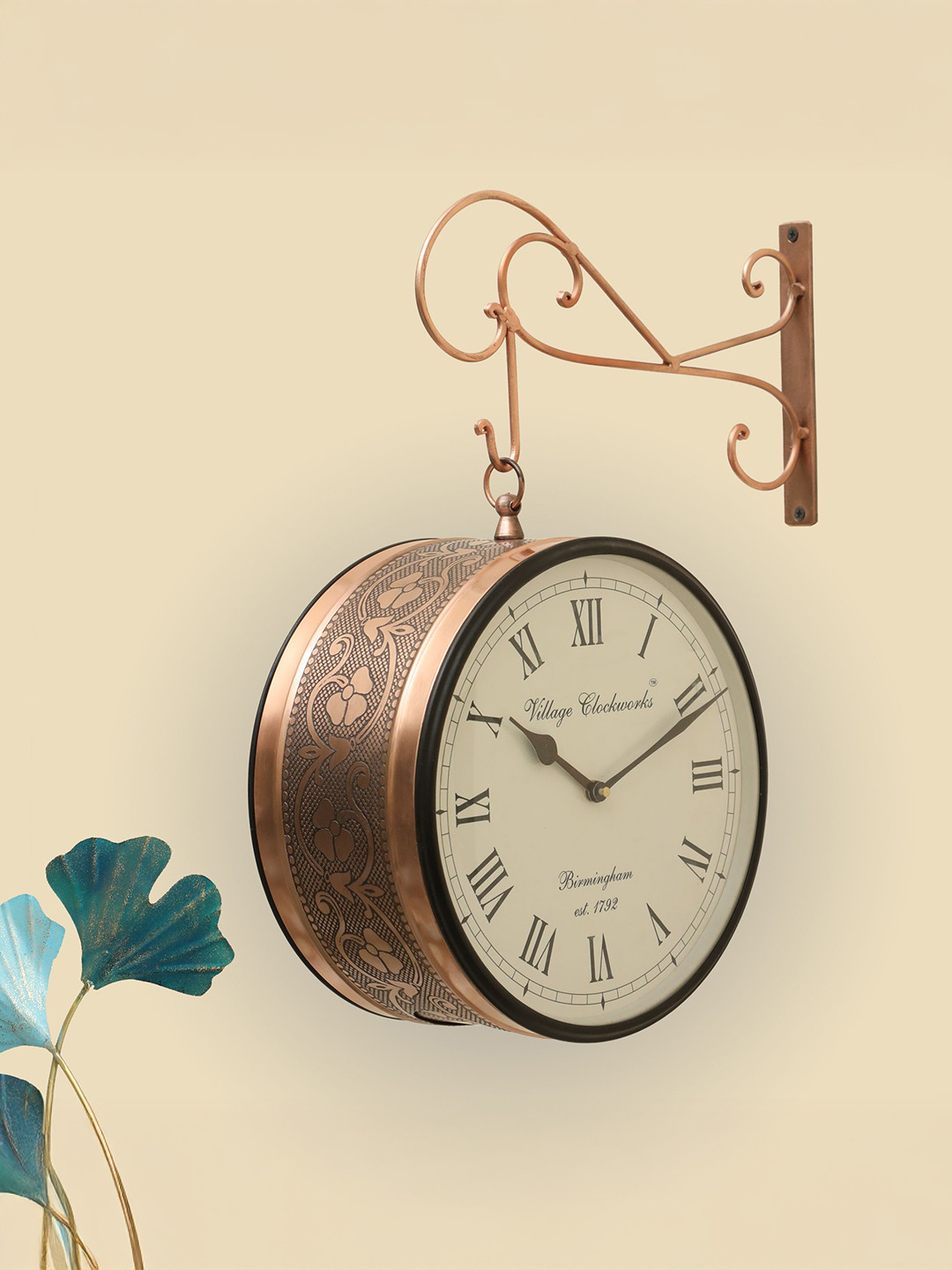vedas Rutvi Brown & White Metal Railway Double Sided Wall Clock