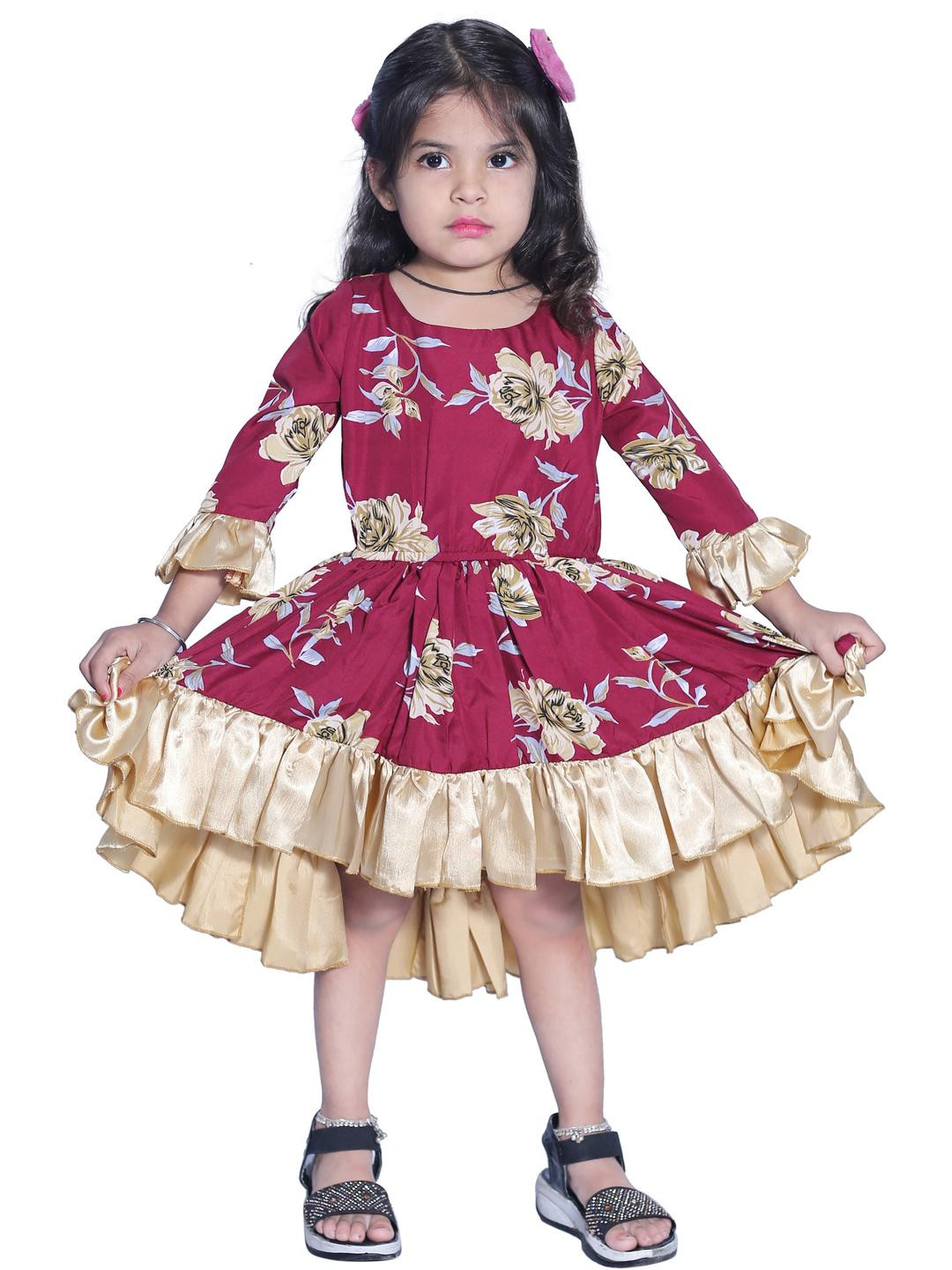 Shahina Fashion Girls' Casual Mini Frock Dress/Flower Print,  Full Sleeve Dress