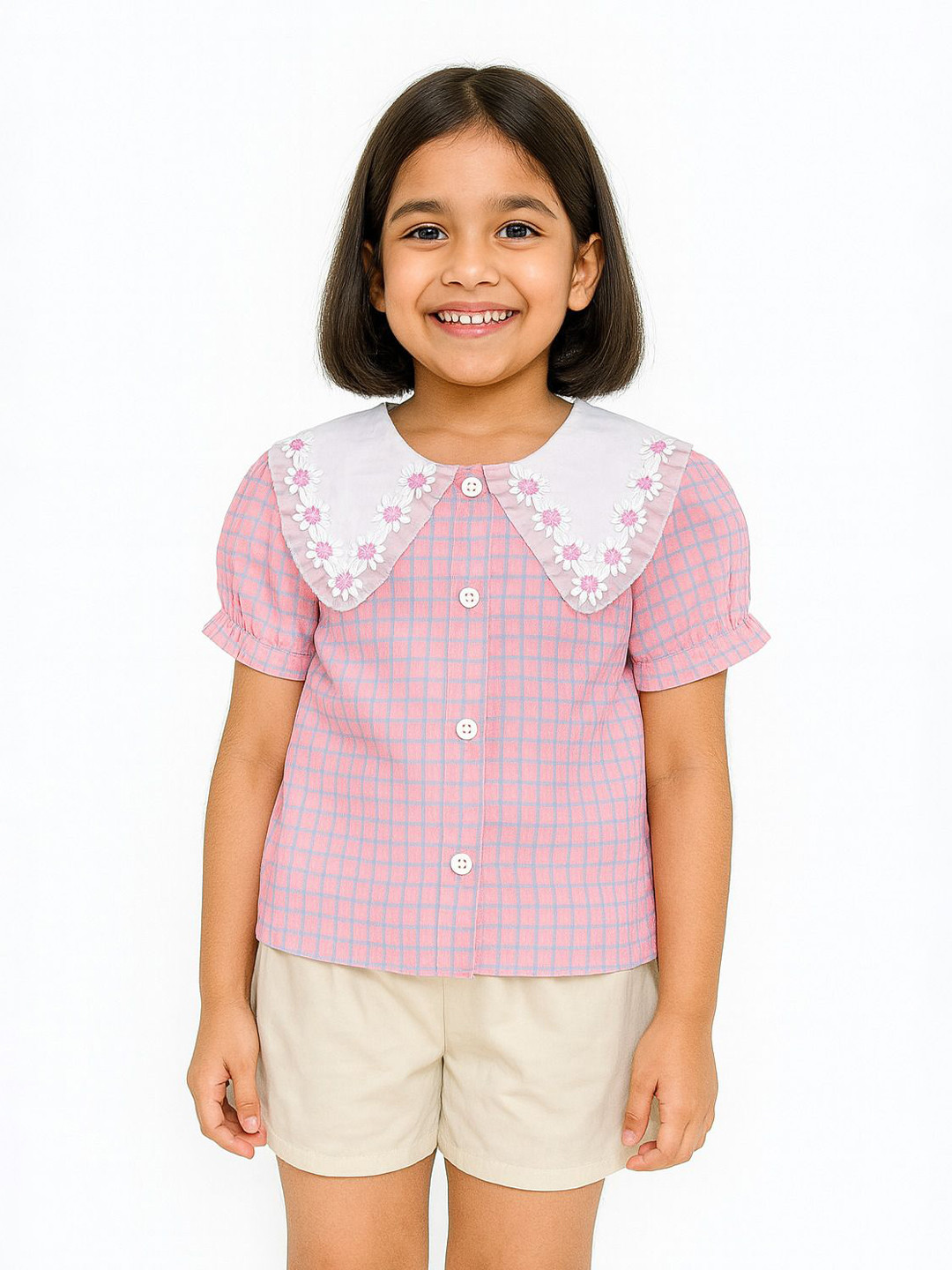 POP STREET KIDS Girls Checked Daisy Collar Top With Shorts