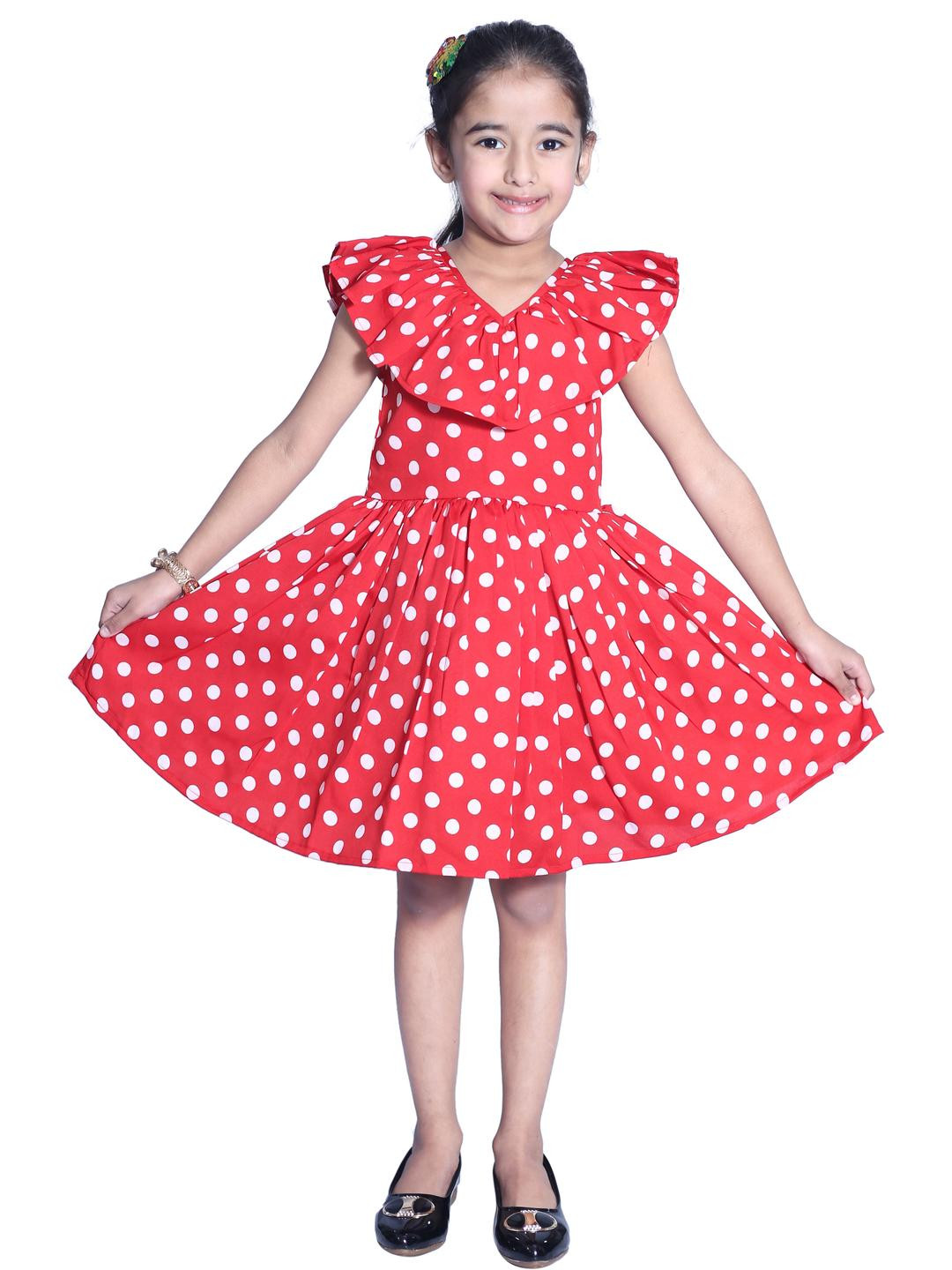 Shahina Fashion Girls Red Color Polka Dot Print V-Neck Cotton Casual Mini Frock