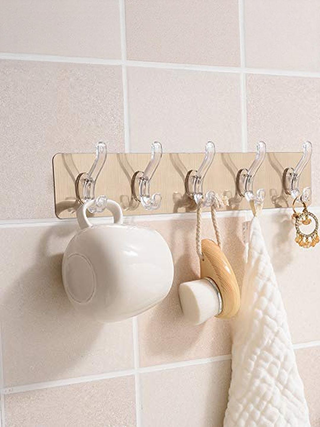 Drills Wall Bathroom Towel Hanger Transparent Hooks Weight Load Capacity-5 Kg-Size-40 x 8 cm
