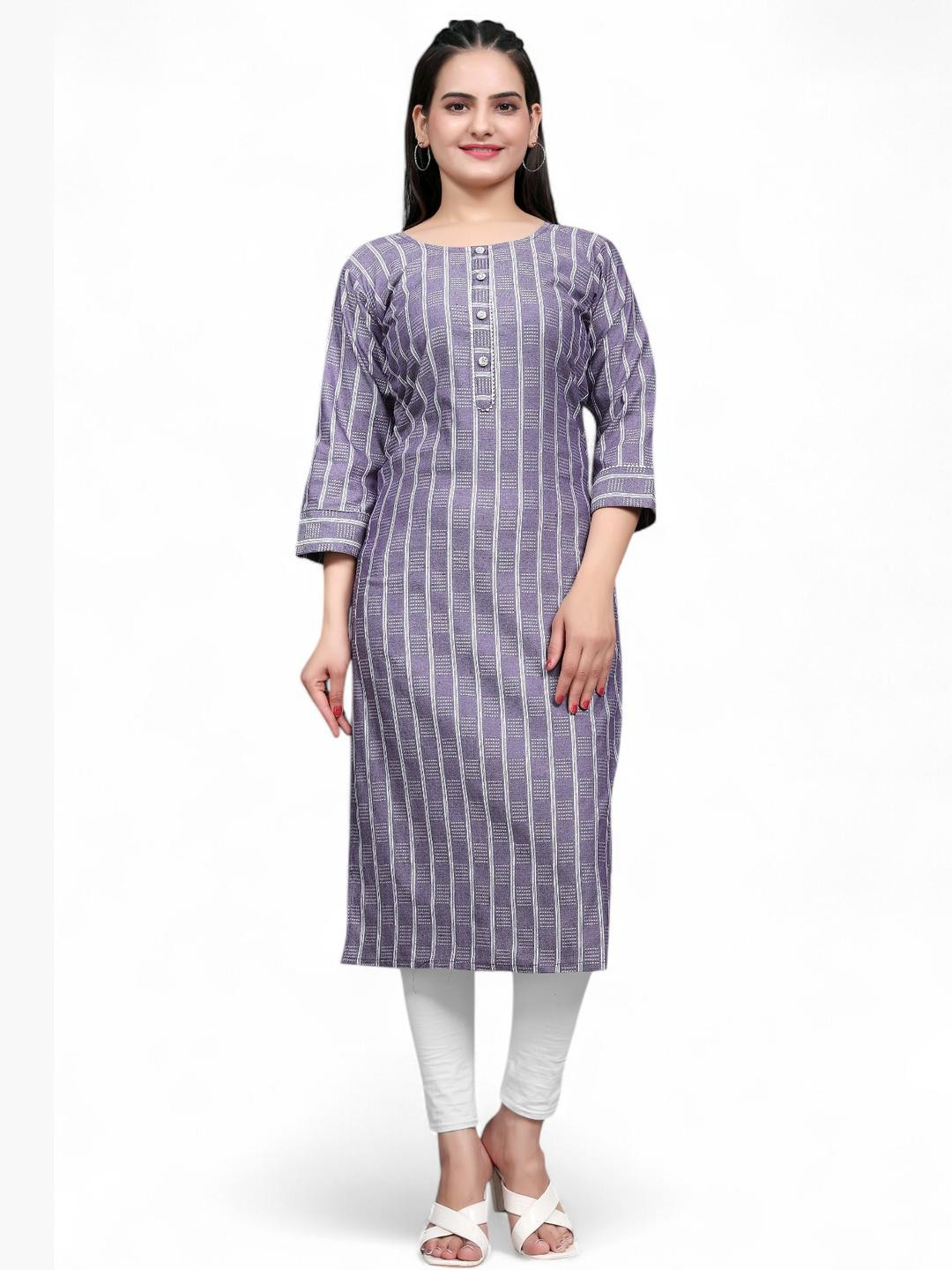 Fabtown Women Purple Striped Cotton Round Neck Three-Quarter Sleeves Causal Straight Kurti