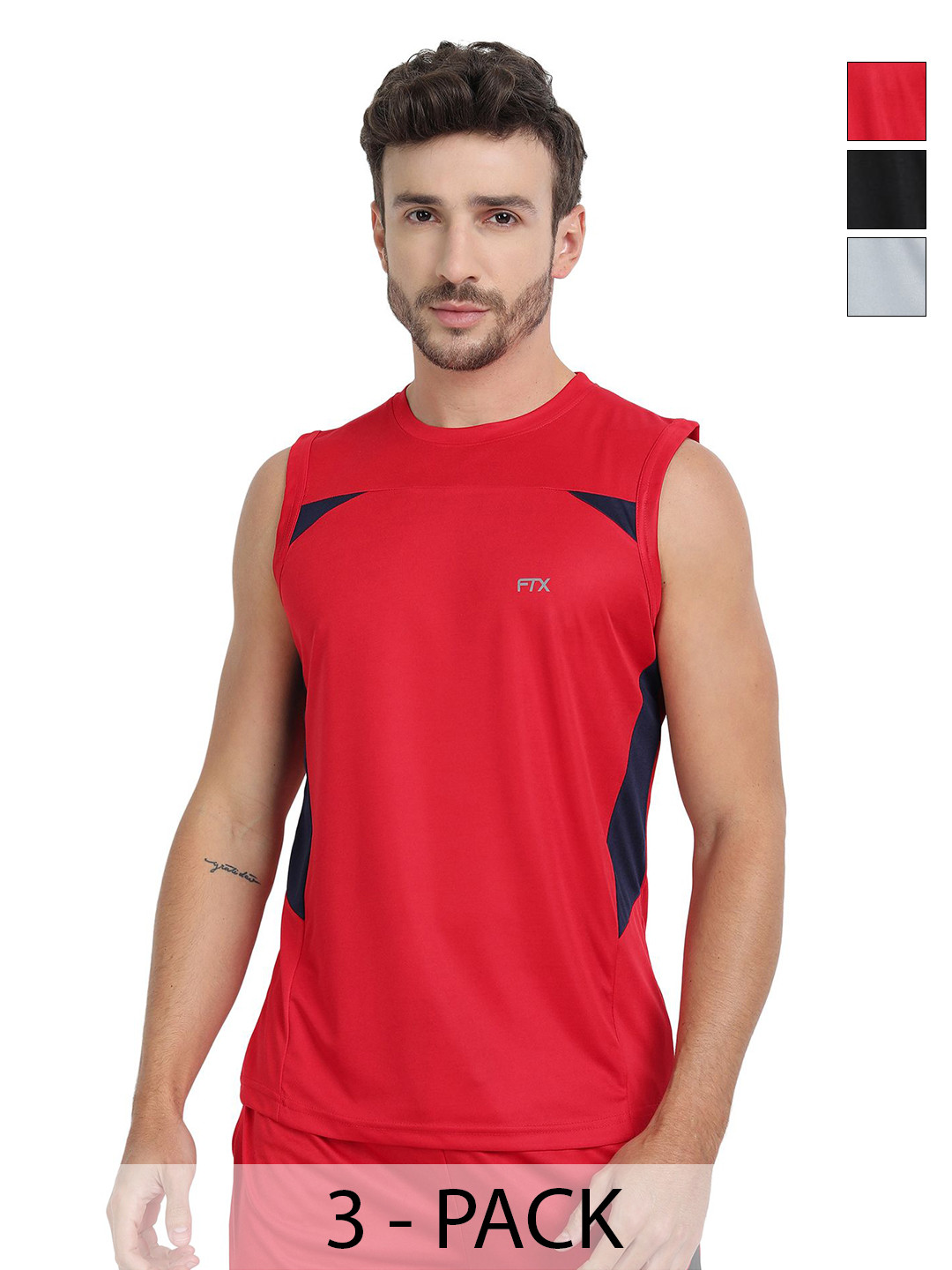 FTX Pack Of 3 Colourblocked Round Neck Sleevesless T-shirts