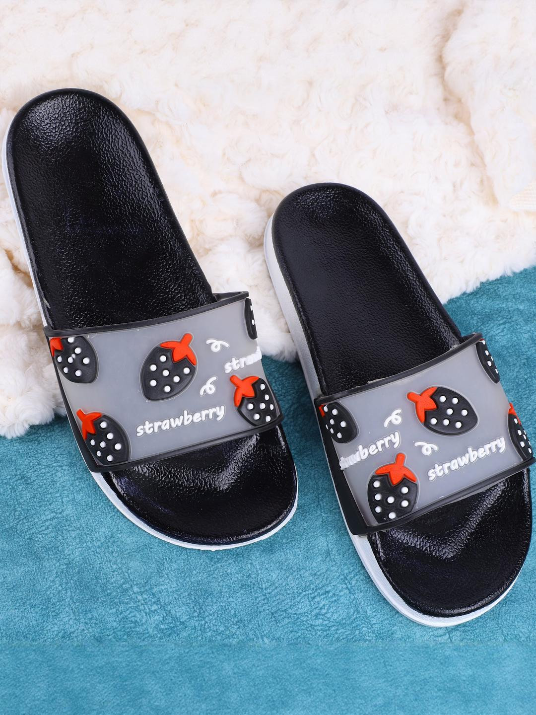 Monoction Women Black Strawberry Embellished Flat Slides