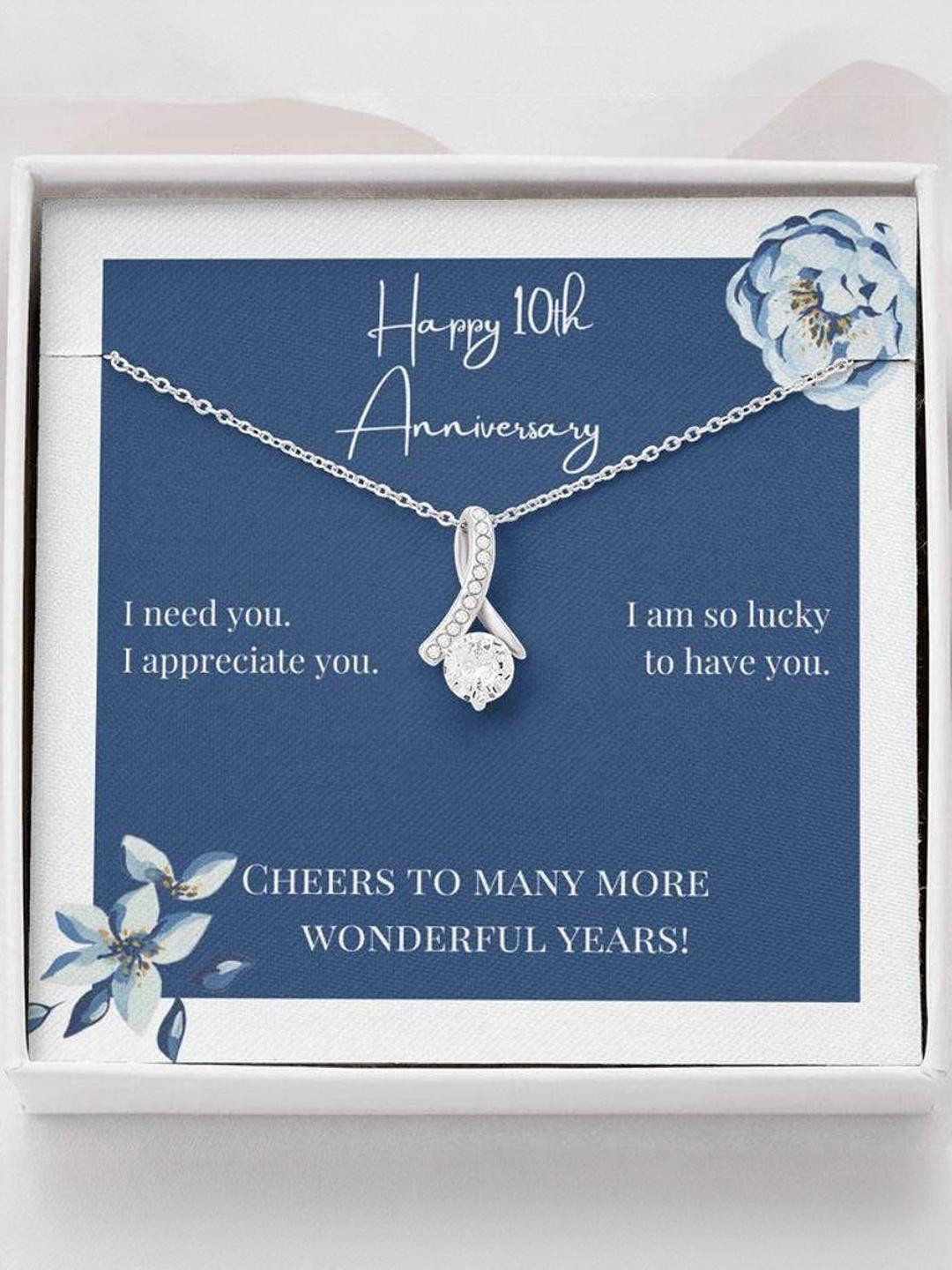 Silver Gift Wife Necklace, To My Wife Necklace Gift Happy 10th Anniversary Cheers Sparkle Ribbon Ne