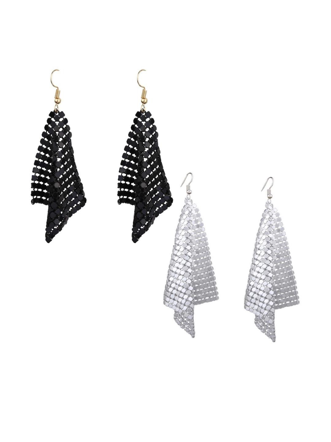 Weariton Pack of 2 Silver And Black Metal Mesh Sequins Geometric Earrings
