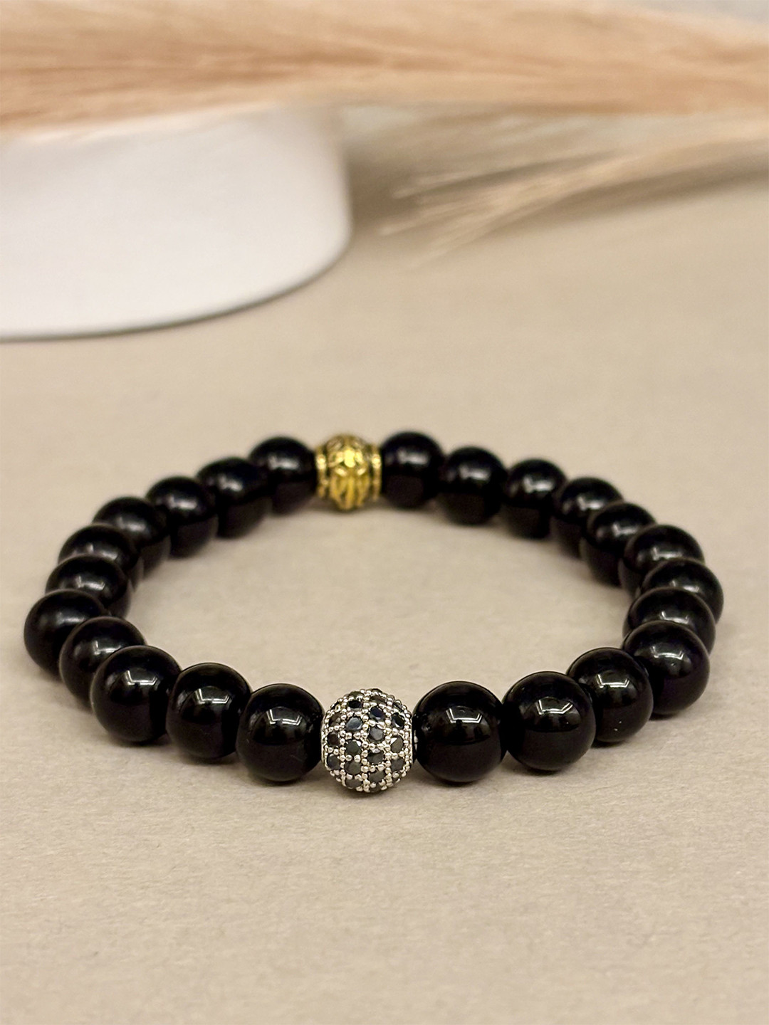 SANAA CREATIONS Unisex Onyx Beaded Elasticated Bracelet