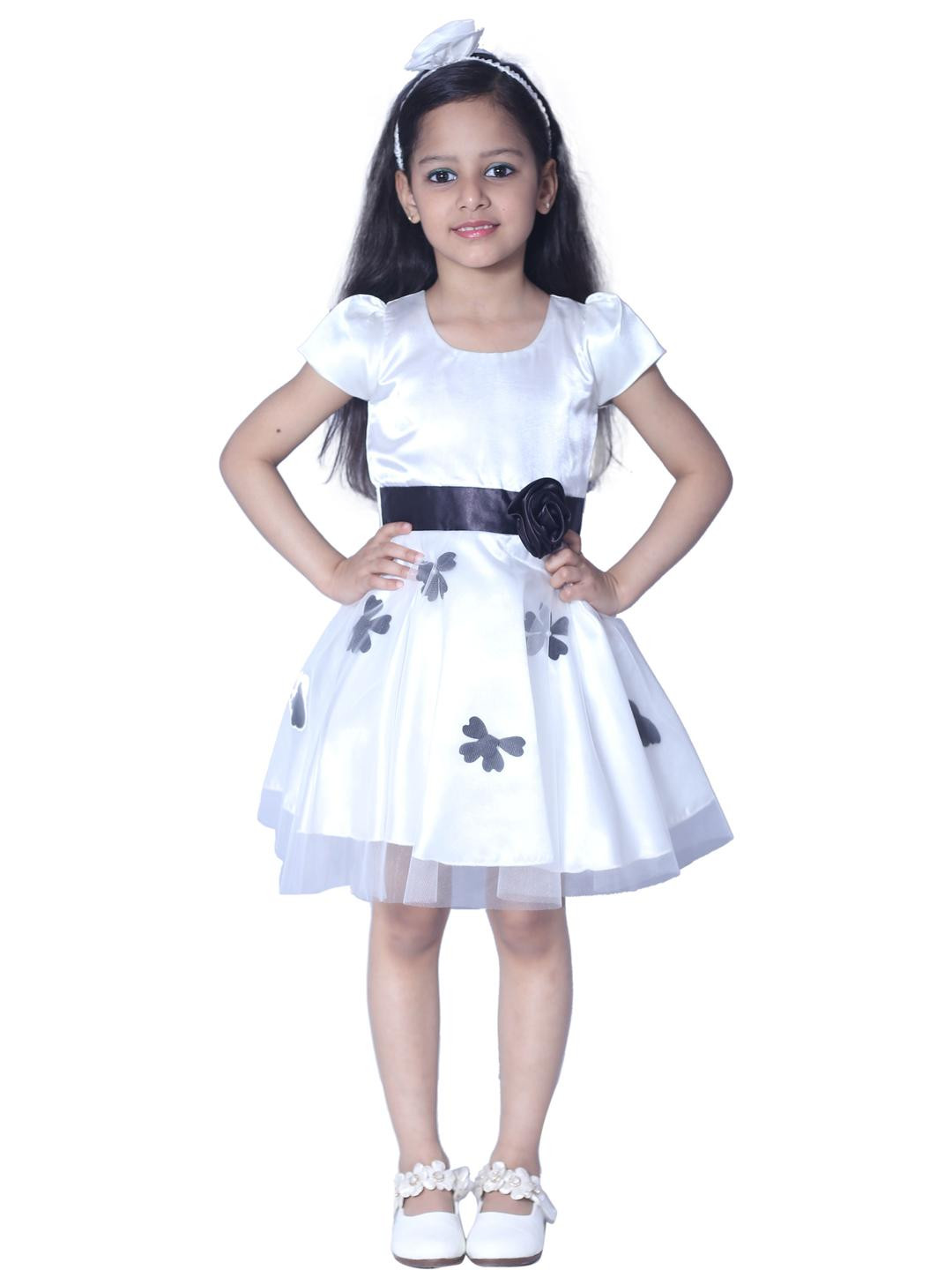 Shahina Fashion Girls White Polyester Belted Fit & Fare Party Wear Dress