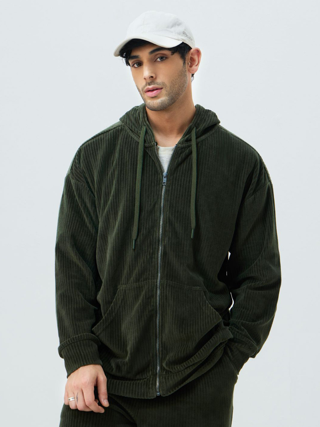 The Souled Store Men Striped Hooded Front-Open Sweatshirt Corduroy Hoodie: Olive