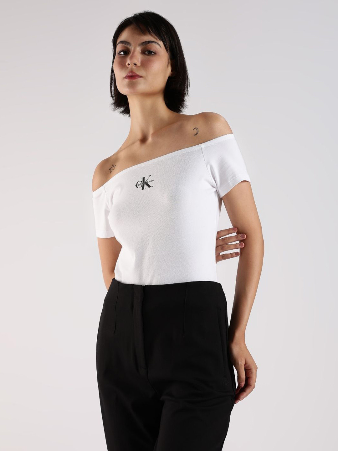 Calvin Klein Jeans Women Brand Logo Print Off-Shoulder Cotton Bardot Top